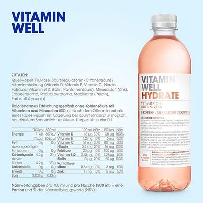 Vitamin Well Drink 12 x 500ml Erdbeer-Rhabarber Geschmack Nährwertangaben