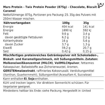 Twix Hi Protein Pulver 875g - Choco Biscuit und Caramel kaufen Nährwertangaben